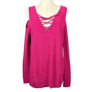 Express Cold Shoulder Lace Up V-Neck Sweater Fuchsia Pink Womens Medium